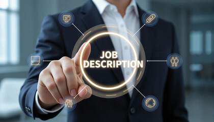 Businessman using virtual touchscreen presses the inscription JOB DESCRIPTION. Concept of job description. General tasks, duties, skills