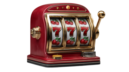 Classic red slot machine with triple sevens and cherries isolated on transparent background