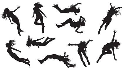 set of falling people silhouettes. vector silhouettes of people falling from a great height. falling female silhouette
