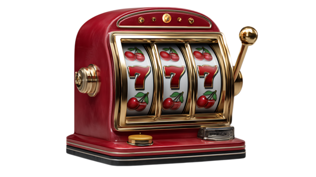 Classic red slot machine with triple sevens and cherries isolated on transparent background