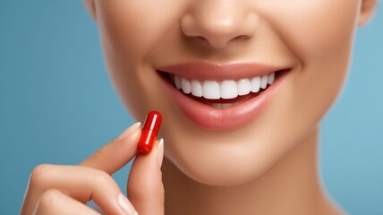 Naklejka premium Vitamin and Supplements, medicine pills. Smiling woman holding a red pill against a soft blue background.