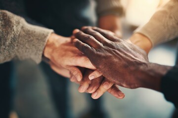 Coworkers joining hands, showcasing teamwork and unity while promoting support for mental health and fostering a sense of community