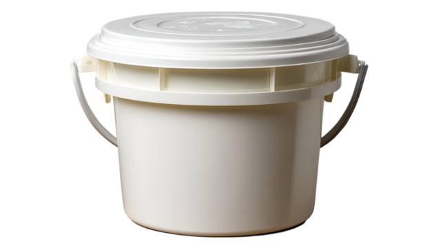 A clean white plastic bucket with a secure lid and a flexible wire handle isolated on transparent background