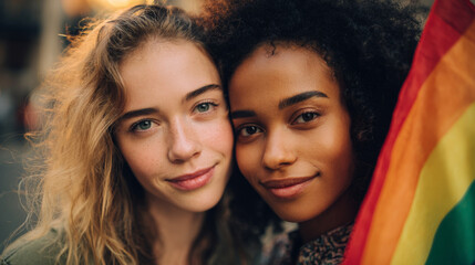 Two beautiful happy young women of different races smile together, showcasing friendship and unity while holding rainbow flag