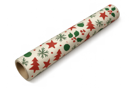 Decorative wrapping paper roll featuring red and green holiday motifs, including stars, trees, and holly, on a transparent background