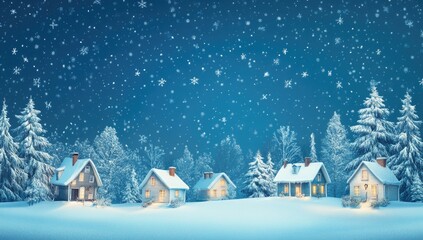 Snowy village at night