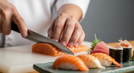 Sushi chef slicing fresh salmon with ready dishes beside. Texture, freshness, and elegant Japanese presentation highlighted
