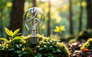 Bombilla encendida reposa sobre un tronco con hojas verdes, integrando el pensamiento energético a los ciclos biológicos sin alterar su curso natural