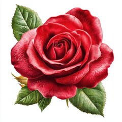 Detailed illustration of a vibrant red rose with dew drops and leaves.