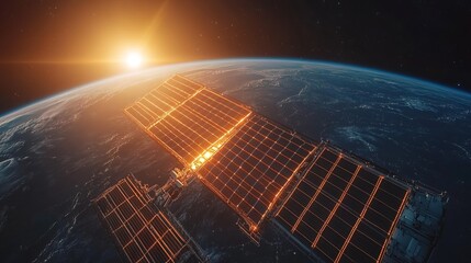 A futuristic space solar power station glowing in Earth's orbit 