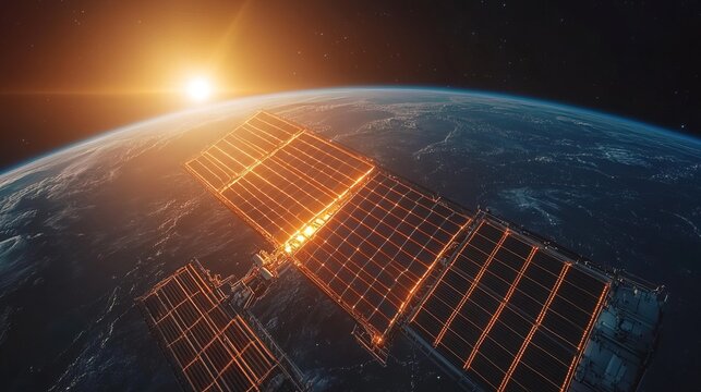 A futuristic space solar power station glowing in Earth's orbit