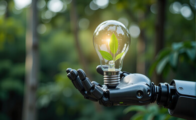 Interacción simbólica entre inteligencia artificial y naturaleza, con una bombilla que contiene brotes verdes como metáfora del futuro energético consciente y colaborativo