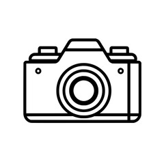 Bold black icon of a detailed vintage camera with lens, grip, and viewfinder, ideal for photography-themed design.