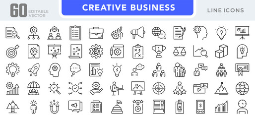 Creative business solutions linear icon set. Business strategy, business solutions, action List, research, solution, team, startup, business process, management vector icon set. UI thin line icon pack