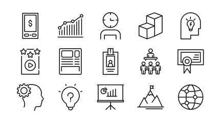 Creative business solutions linear icon set. Business strategy, business solutions, action List, research, solution, team, startup, business process, management vector icon set. UI thin line icon pack
