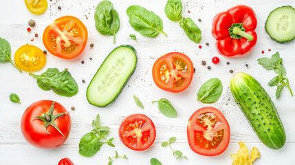 Fresh summer vegetables: tomatoes, cucumber, peppers, and greens. A vibrant display of seasonal produce.