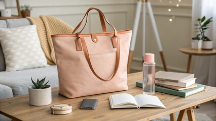 A luxury hotel room's interior features a single, elegant brown leather handbag, an isolated...