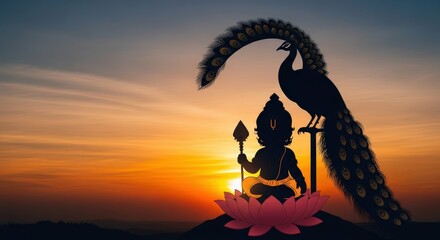 Murugan kartikeya with peacock silhouette against vibrant sunset background art
