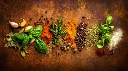 Assorted herbs and spices in artistic arrangement, celebrating natural flavors and culinary diversity