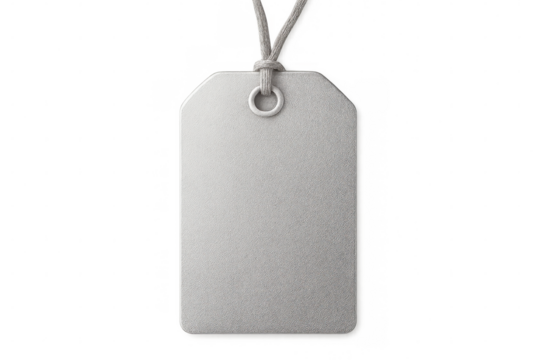 Blank white tag dangling from string, clean isolated design perfect for pricing, labels, branding mockups on transparent backdrop