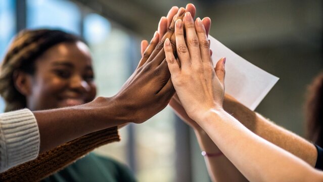 Close Up of Hands in Team High Five or Holding Paper Together Suitable for Collaboration Success Visual