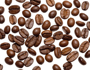 Obraz premium Bunch of Coffee Beans Floating and Flying on White Background, Dynamic Minimalist Coffee Concept