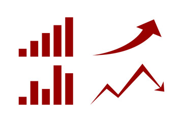 Set of red business chart icons including bar graphs and line arrows representing growth and decline. Simple flat vector style.