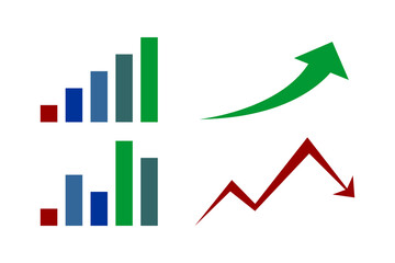 Set of red business chart icons including bar graphs and line arrows representing growth and decline. Simple flat vector style.