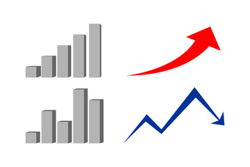 Set of red business chart icons including bar graphs and line arrows representing growth and decline. Simple flat vector style.