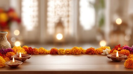 A panoramic Raksha Bandhan banner template with a blurred Indian home background, framed with marigolds and diyas, perfect for festive greetings and promotional content.
