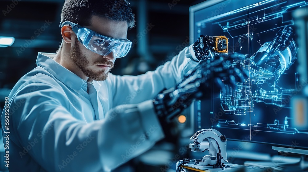 Poster a man wearing safety glasses interacts with a high-tech robotic arm and digital interface displaying