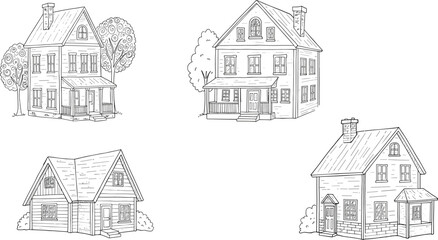 Vintage hand drawn house illustrations, traditional home sketches, black and white line art, architectural drawing, cottage, Victorian, farmhouse