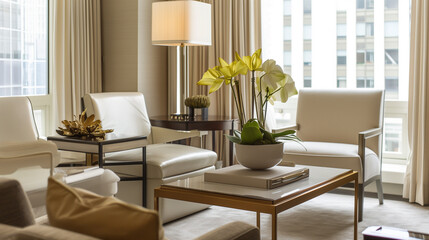 Modern lounge with sleek furniture and neutral tones, embodying minimalist elegance and contemporary comfort.
