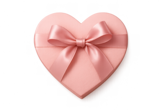 Pink heart-shaped gift box with satin ribbon bow on a transparent background, perfect for valentine's day or special occasions