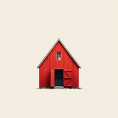 Red barn with open doors on plain background