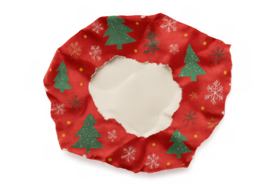 Festive wrapping paper displaying snowflakes and holiday ornaments framing white background with transparent red-tinted design