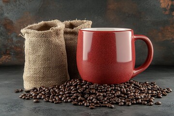 Red mug amidst coffee beans and rustic burlap sacks on dark textured background