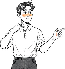 Smiling young man pointing side, cartoon character, casual outfit, confident pose, cheerful expression, trendy style, manga comic style