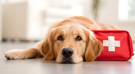 Golden Retriever with First Aid Emergency Pet Care Kit in Red Cross Bag