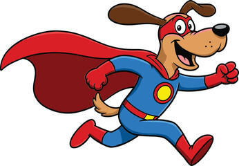 Cartoon superhero dog running in costume, red cape, blue suit, cheerful expression, heroic animal character, kids illustration, vector art © Nur-Nobin Creations