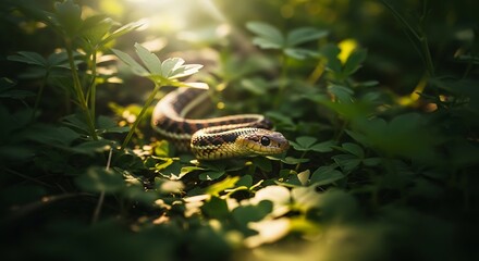Fototapeta premium Snake in Green Clover Patch Under Sunlight