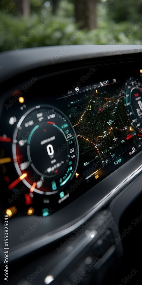 Poster futuristic car dashboard navigation speedometer high tech interface