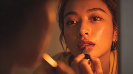 Young Asian woman applying lipstick while looking into mirror, warm cinematic lighting and soft background, symbolizing daily beauty rituals and self-confidence in modern personal care