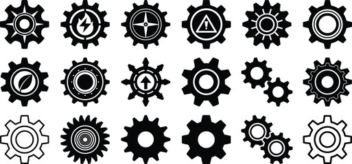Gear icon vector bundle, black mechanical cogwheel clipart, industrial silhouette tools, process symbol design, settings pack