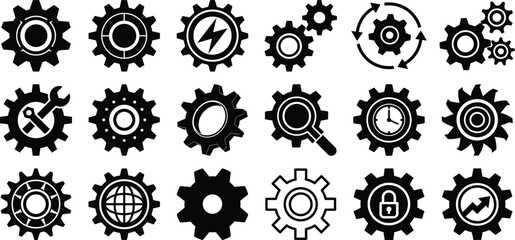 Gear icon vector set, black cogwheel silhouette clipart, industrial mechanical tools, global settings and digital process symbols