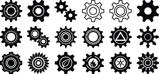 Gear icon silhouette pack, black cogwheel symbols, abstract mechanical shapes, industrial process tools, vector clipart set
