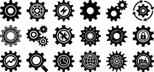 Black gear icon set, mechanical cogwheel symbols, industrial settings elements, vector silhouette tools and process clipart