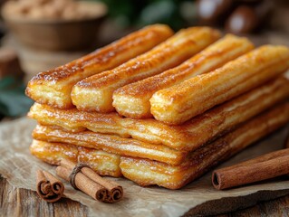 Golden Brown Churros Stacked on Wooden Board with Cinnamon Sticks