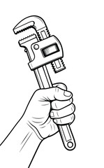 Hand gripping a pipe wrench, detailed black and white vector