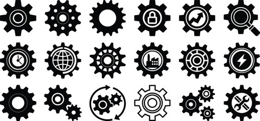 Gear icon bundle, industrial cogwheel set, mechanical tools, digital interface symbols, vector silhouette clipart